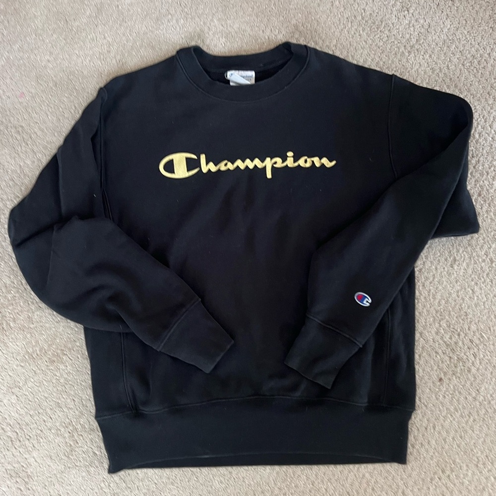 Champion Black Crewneck with Metallic Gold Lettering